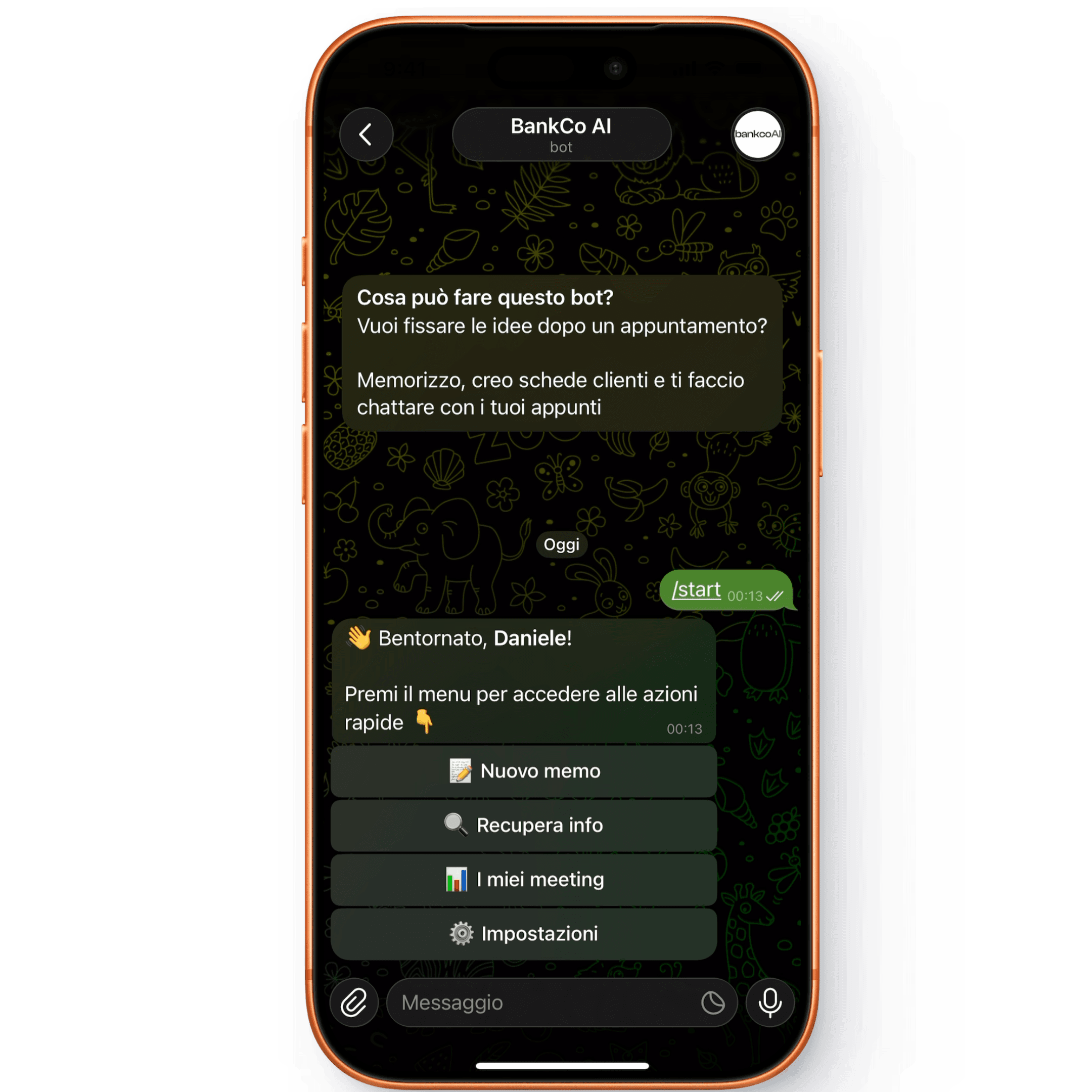 Anteprima Bankco AI su Telegram: chat con memo, vocali e menu rapidi